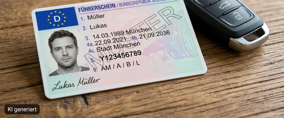 KI-generierter Musterführerschein: Ausstellungsdatum in Feld 4a und Ablaufdatum in Feld 4b auf der Vorderseite