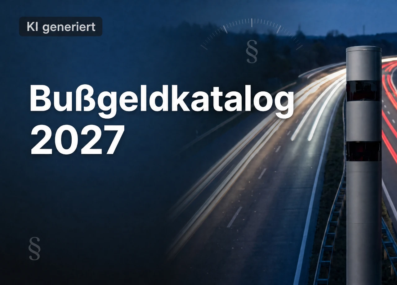 Blitzer neben einer Straße mit Lichtspuren und der Aufschrift Bußgeldkatalog 2027