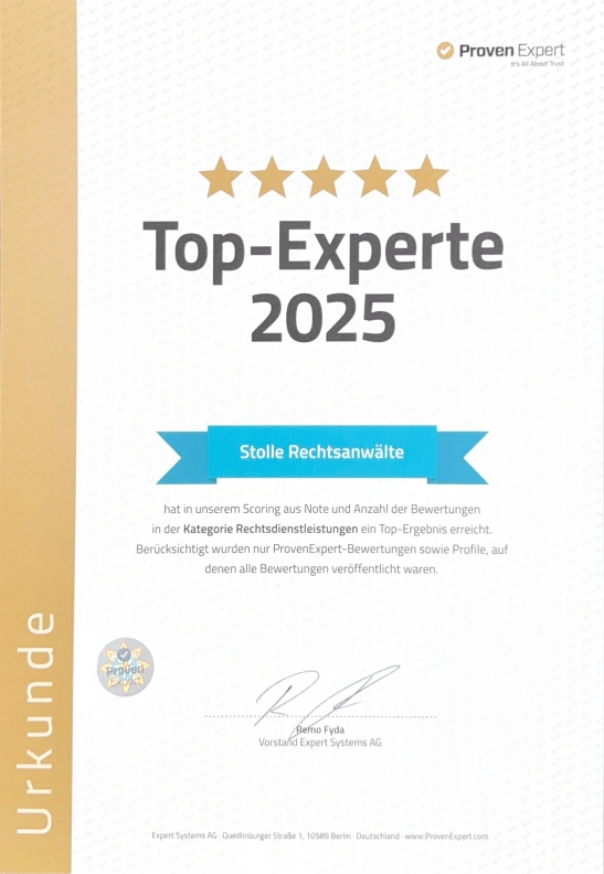 ProvenExpert Zertifikat – Top 3 Experte im Verkehrsrecht 2025