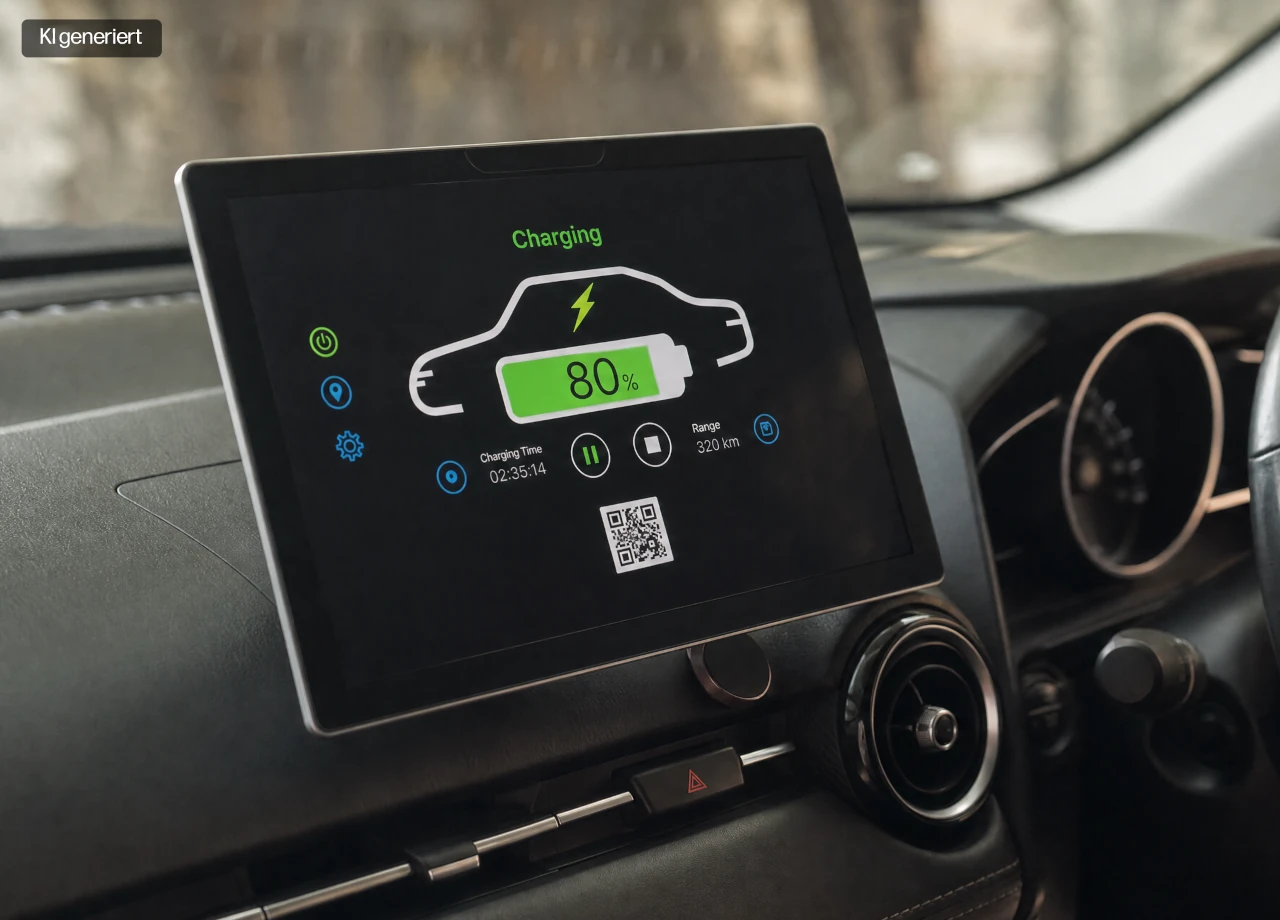 Display im Elektroauto zeigt einen Batterieladestand von 80 Prozent